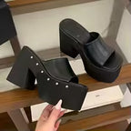 Women's Studded Platform Mules Open Toe Chunky Heel Slides