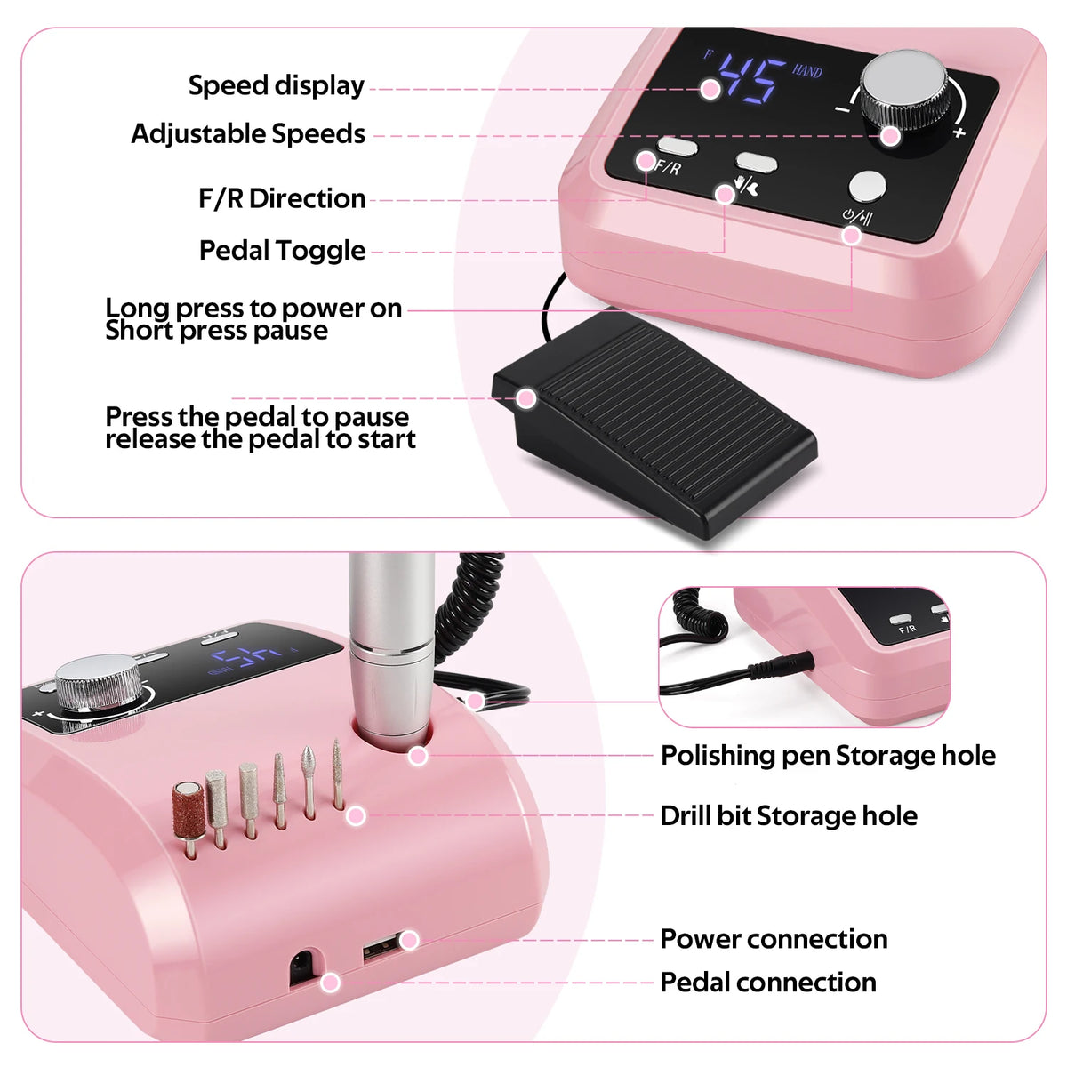 45000 RPM Electric Nail Drill Kit for Acrylic Gel Dip Powder Nails
