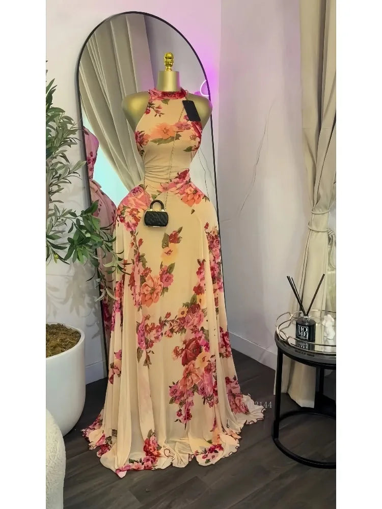 Women's Floral Print O-Neck Mermaid Maxi Dress