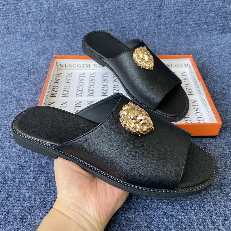 Men's Peep Toe Slip-On Slippers with Metal Decoration
