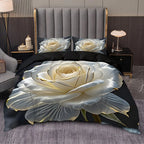 Golden Edged White Rose Print Duvet Cover Set with Pillowcases