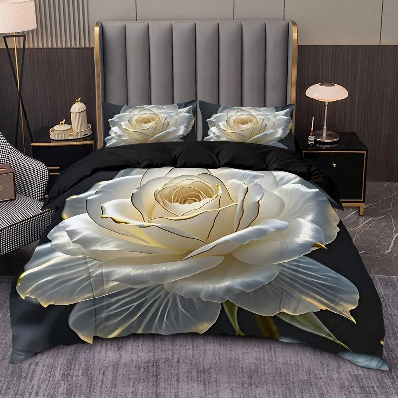 Golden Edged White Rose Print Duvet Cover Set with Pillowcases