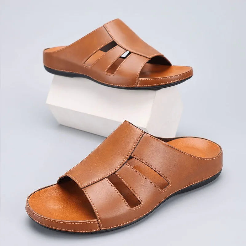 Men's Handmade Leather Peep Toe Summer Slippers