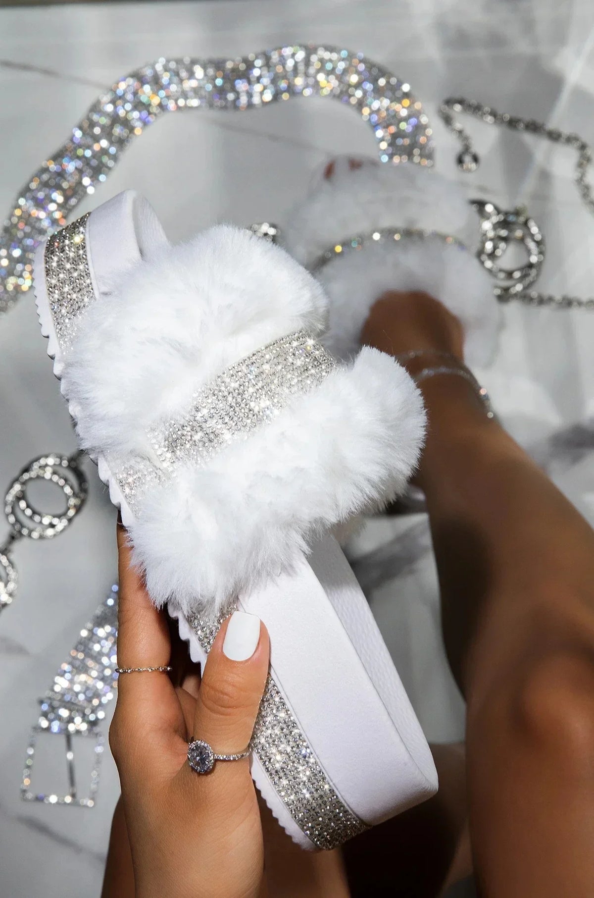 Women's Rhinestone Fur Platform Wedge Slide Sandals
