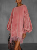 Women's Fringe Hem Lantern Sleeve Mini Party Dress