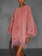 Women's Fringe Hem Lantern Sleeve Mini Party Dress