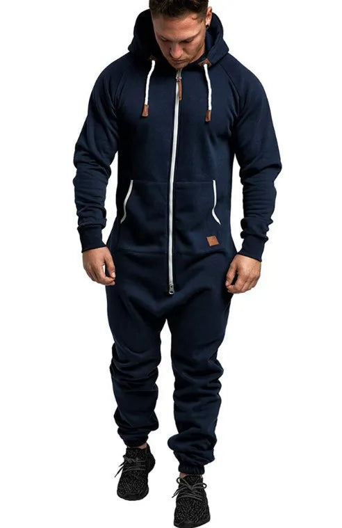 Men's Solid Hooded Fleece Jumpsuit Set
