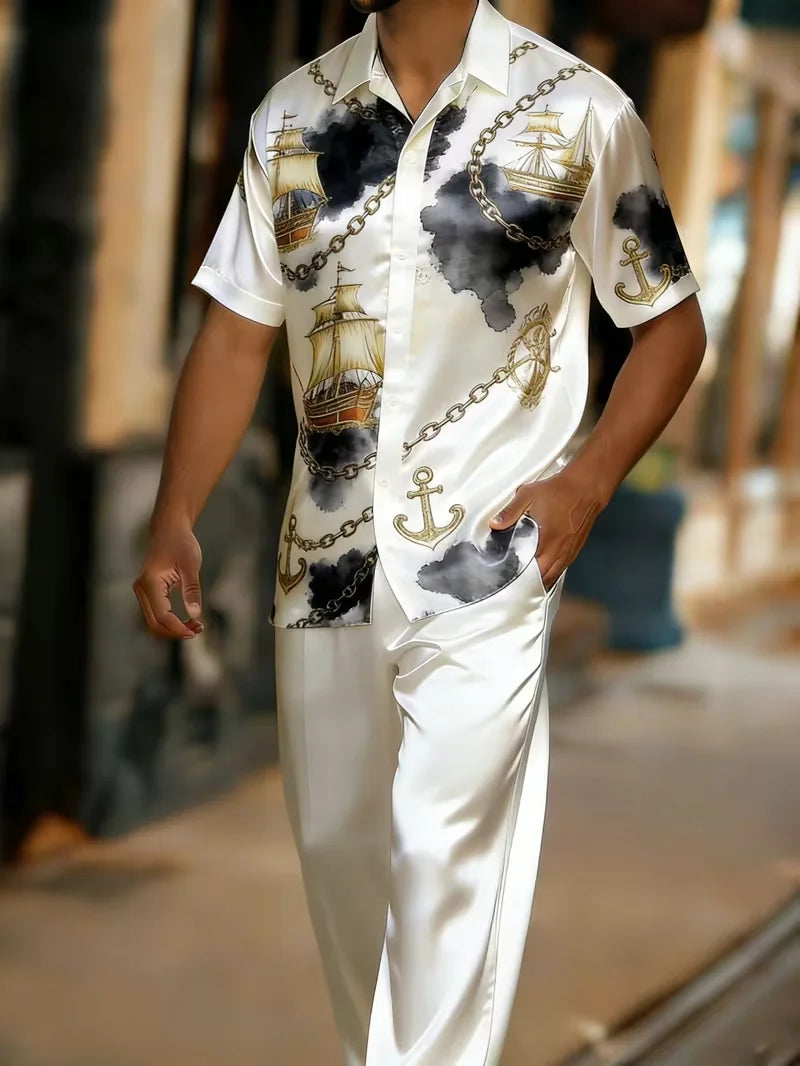 Men's Baroque Print Short Sleeve Shirt and Pants Two Piece Set