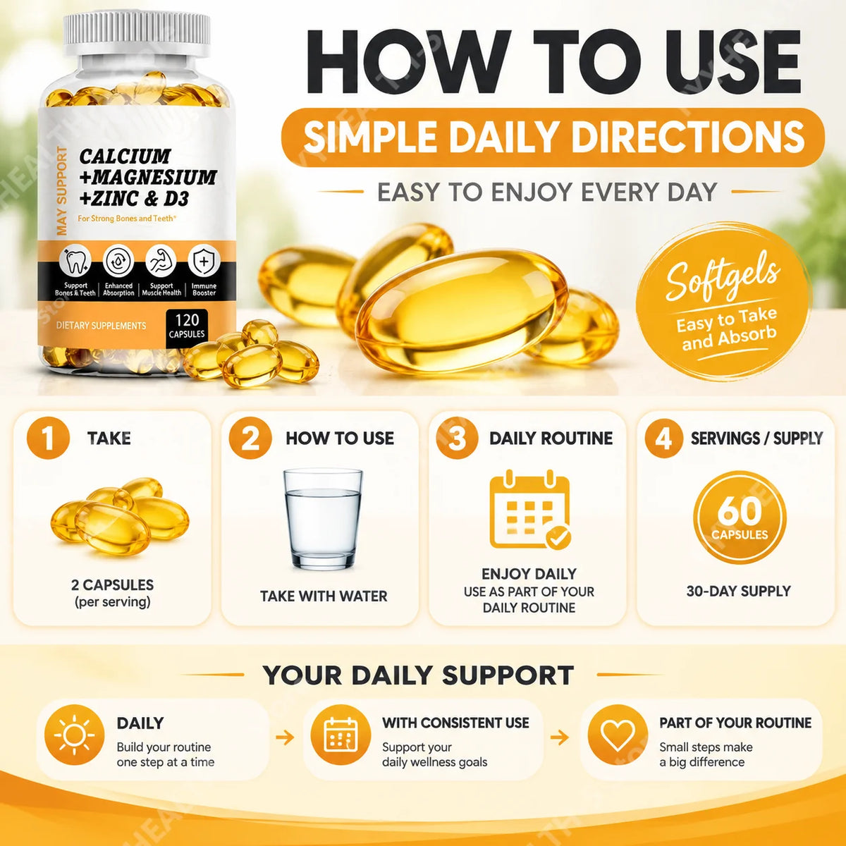 Calcium Magnesium Zinc Vitamin D3 Bone Muscle Support Dietary Supplement Capsules