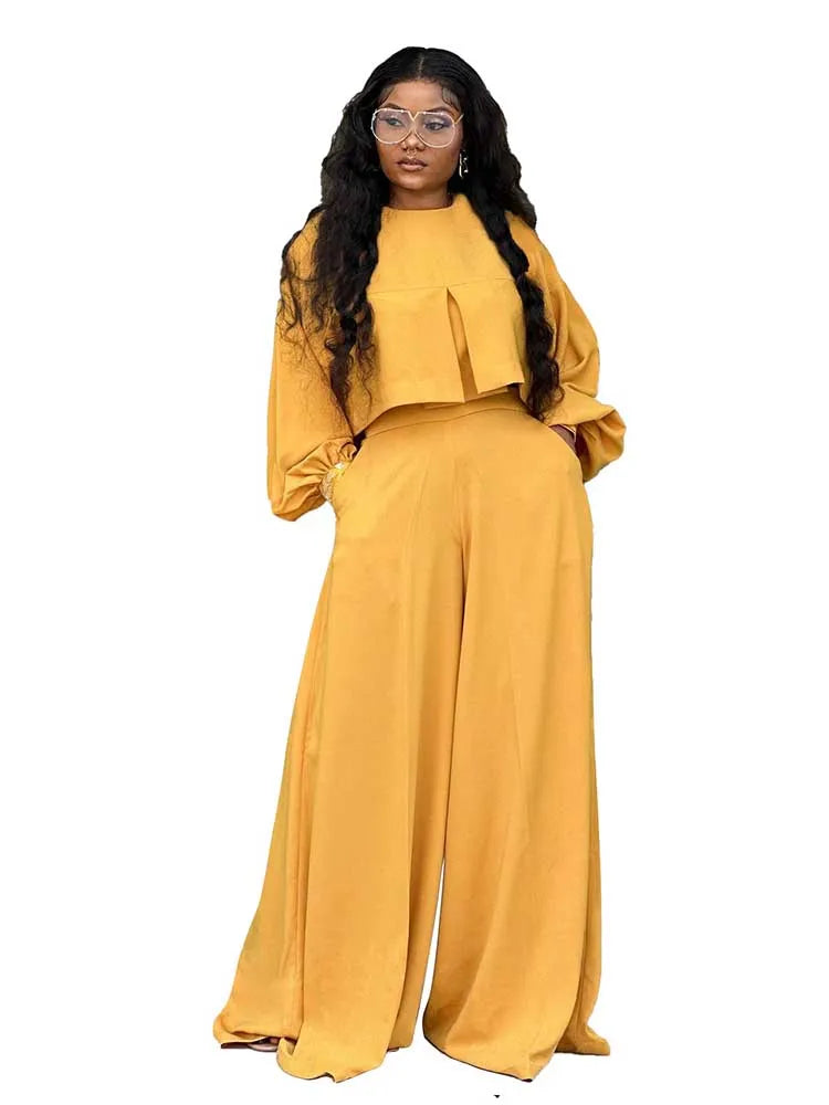 Women's Lantern Sleeve Round Neck Top and Wide Leg Pants Two-Piece Set