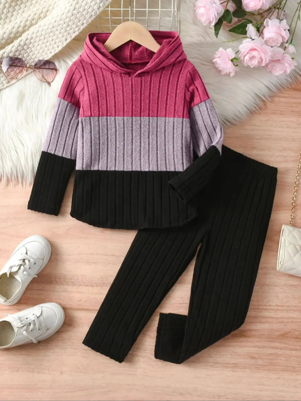 Girls' Color-Block Hooded Top and Pants 2-Piece Set