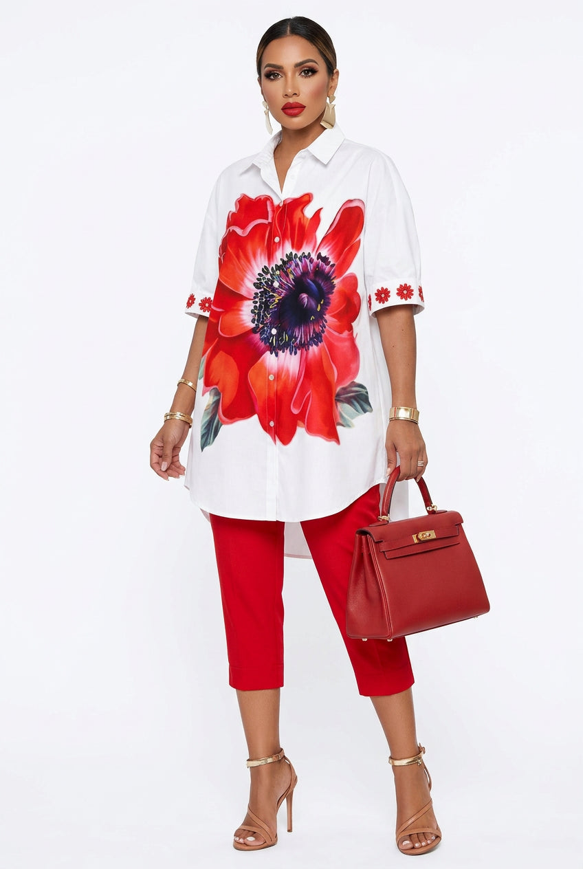 Women's Vintage Floral Print Shirt and Slim Pants 2-Piece Set