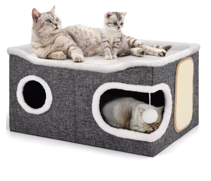 Extra Large Cat House Bed for Multi Cats with Scratch Pad Grey