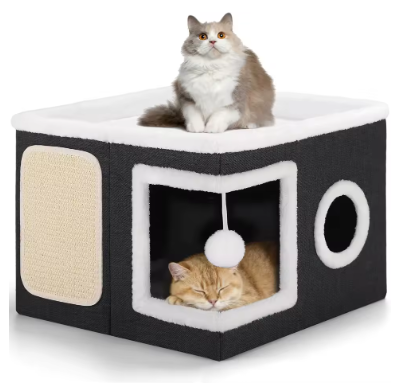 Extra Large Cat House Bed for Multi Cats with Scratch Pad Grey