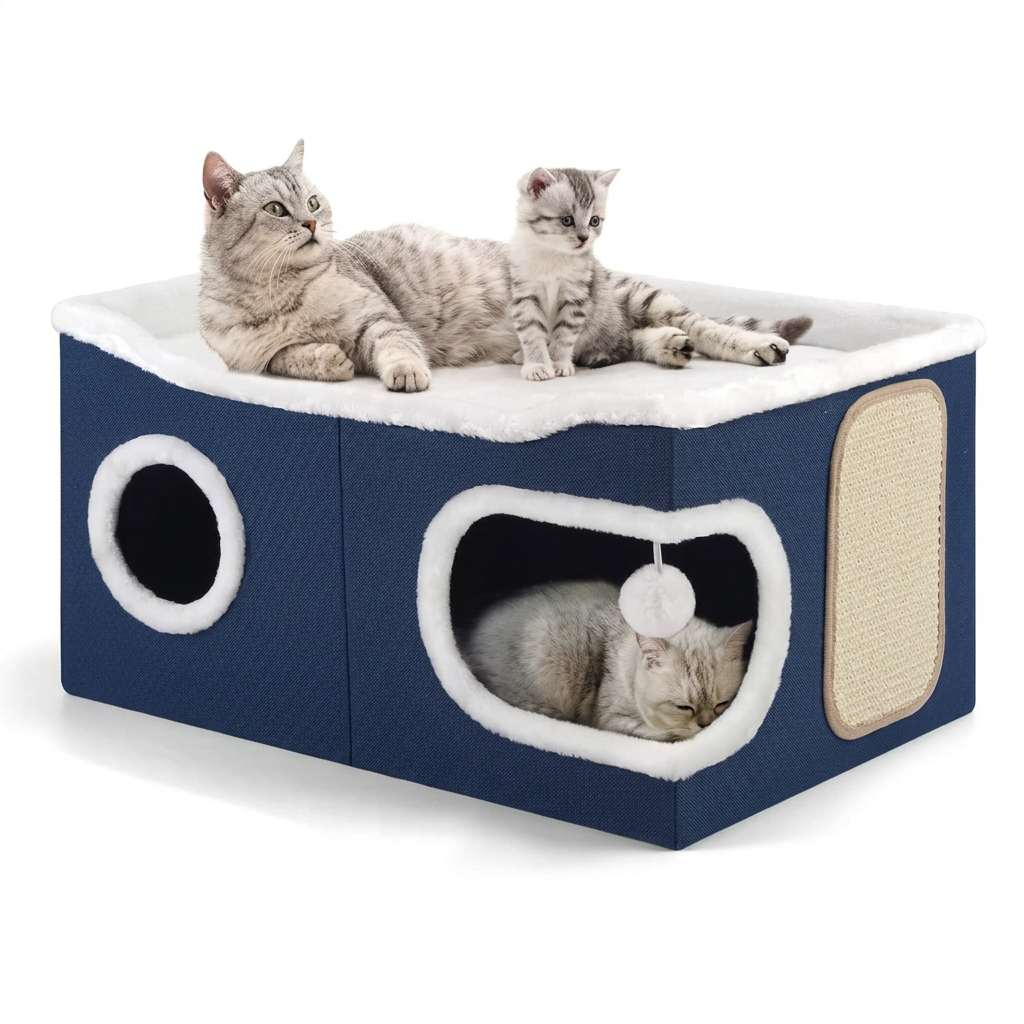 Extra Large Cat House Bed for Multi Cats with Scratch Pad Grey