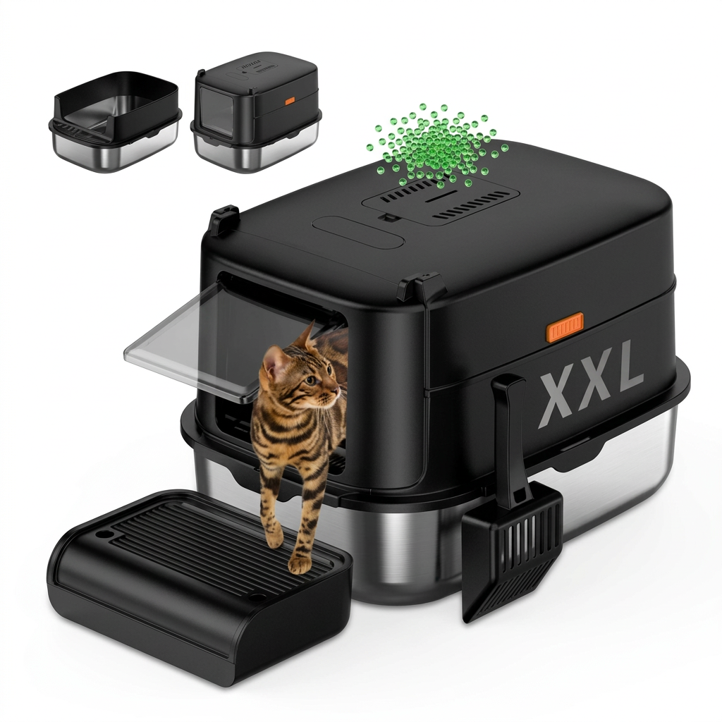 XXL Stainless Steel Enclosed Cat Litter Box with Lid & Scoop – High-Sided Anti-Splash Extra Large Litter House with Step Stool, Front & Top Entry (Black)