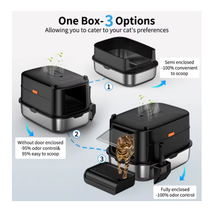 XXL Stainless Steel Enclosed Cat Litter Box with Lid & Scoop – High-Sided Anti-Splash Extra Large Litter House with Step Stool, Front & Top Entry (Black)
