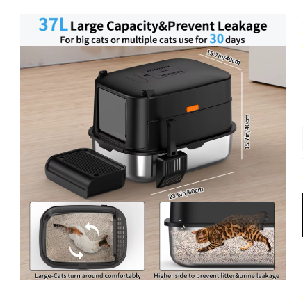 XXL Stainless Steel Enclosed Cat Litter Box with Lid & Scoop – High-Sided Anti-Splash Extra Large Litter House with Step Stool, Front & Top Entry (Black)
