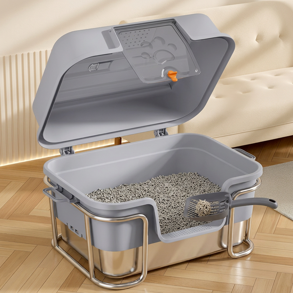 XL Stainless Steel Enclosed Cat Litter House – Anti-Splash Odor Control Litter Box