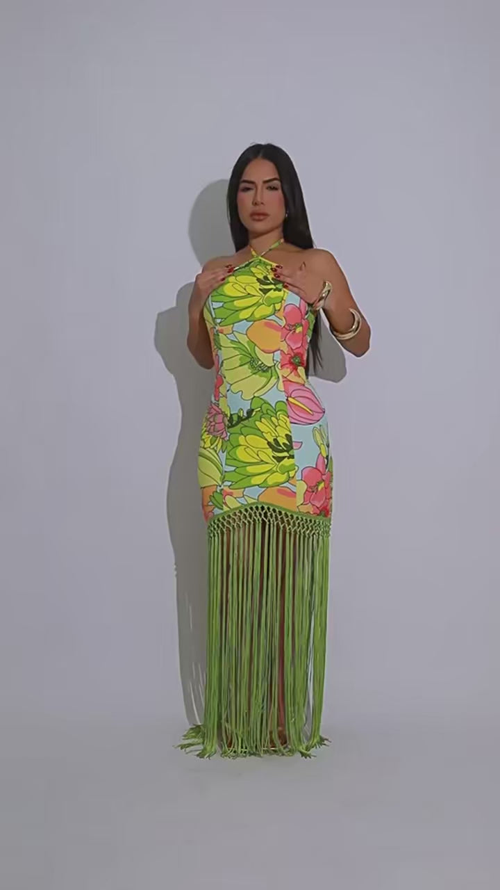 Women's Printed Halter Neck Backless Fringed Dress