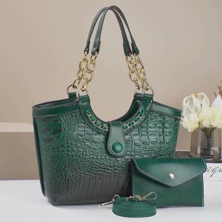Women's Crocodile Pattern PU Leather Chain Crossbody Bag Set