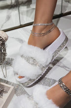 Women's Rhinestone Fur Platform Wedge Slide Sandals