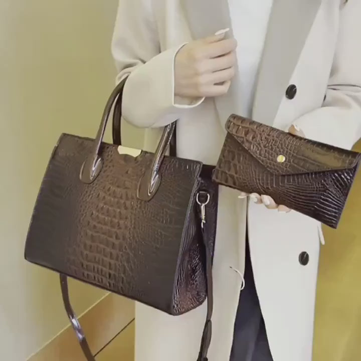 Women's Crocodile Pattern Handbag Shoulder Tote Bag Set
