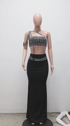 Women's Rhinestones Strapless Top and Long Skirt 2-Piece Set
