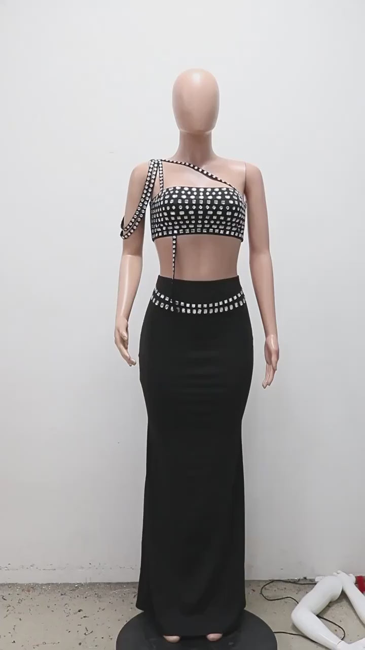Women's Rhinestones Strapless Top and Long Skirt 2-Piece Set