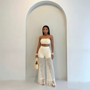 Womens Fashionable See-Through Hollowed-Out Tassel Pants And Knitted Tube Top Set