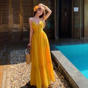Stunning Yellow V-neck Strap Dress For Your Vacation