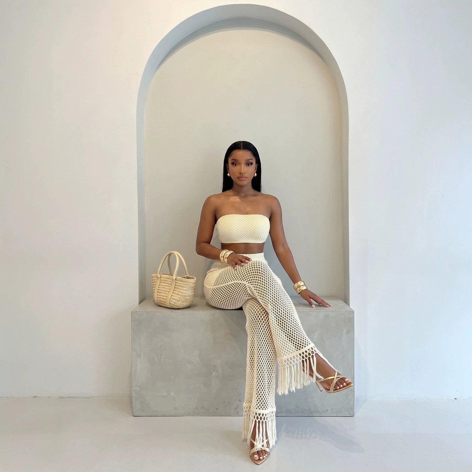 Womens Fashionable See-Through Hollowed-Out Tassel Pants And Knitted Tube Top Set - Image 2