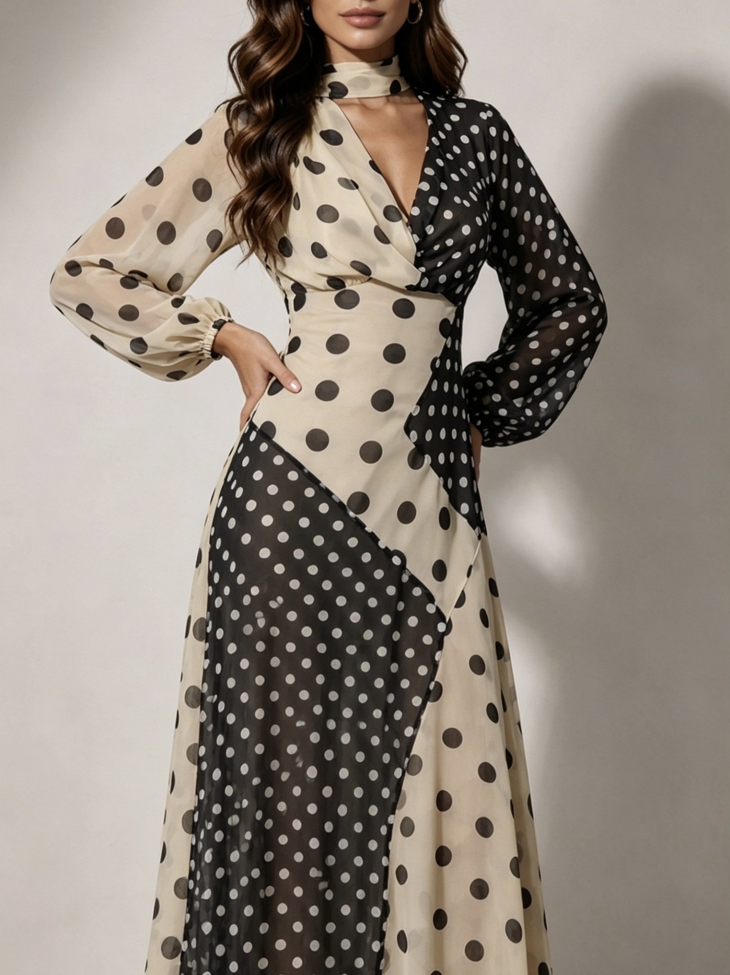 High-waisted Off-shoulder Figure-hugging Sexy Patchwork Polka-dot Dress - Image 3