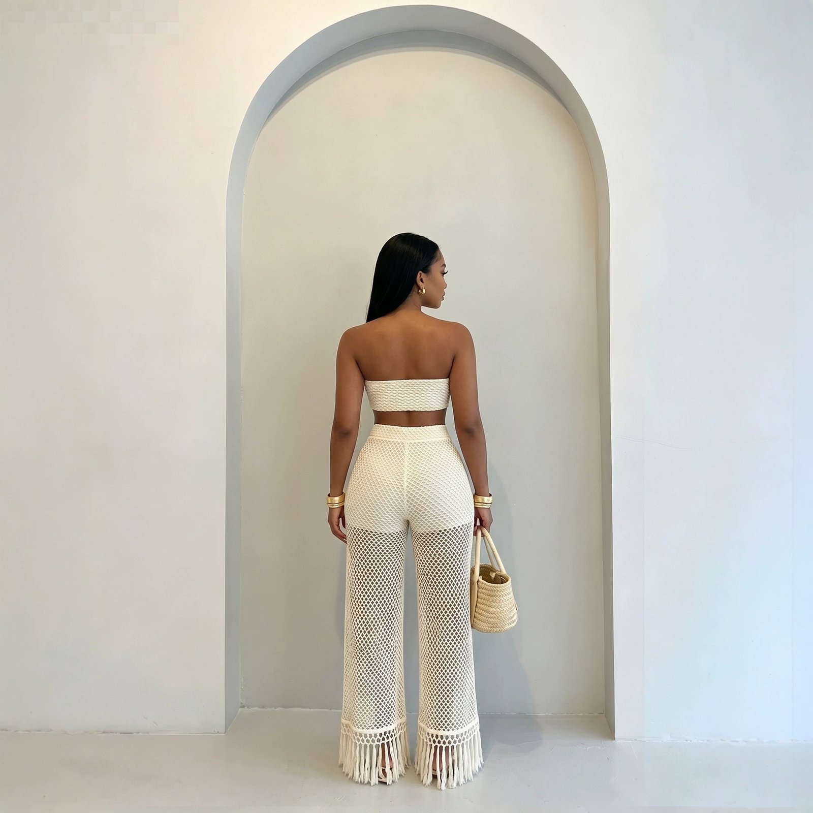 Womens Fashionable See-Through Hollowed-Out Tassel Pants And Knitted Tube Top Set - Image 3