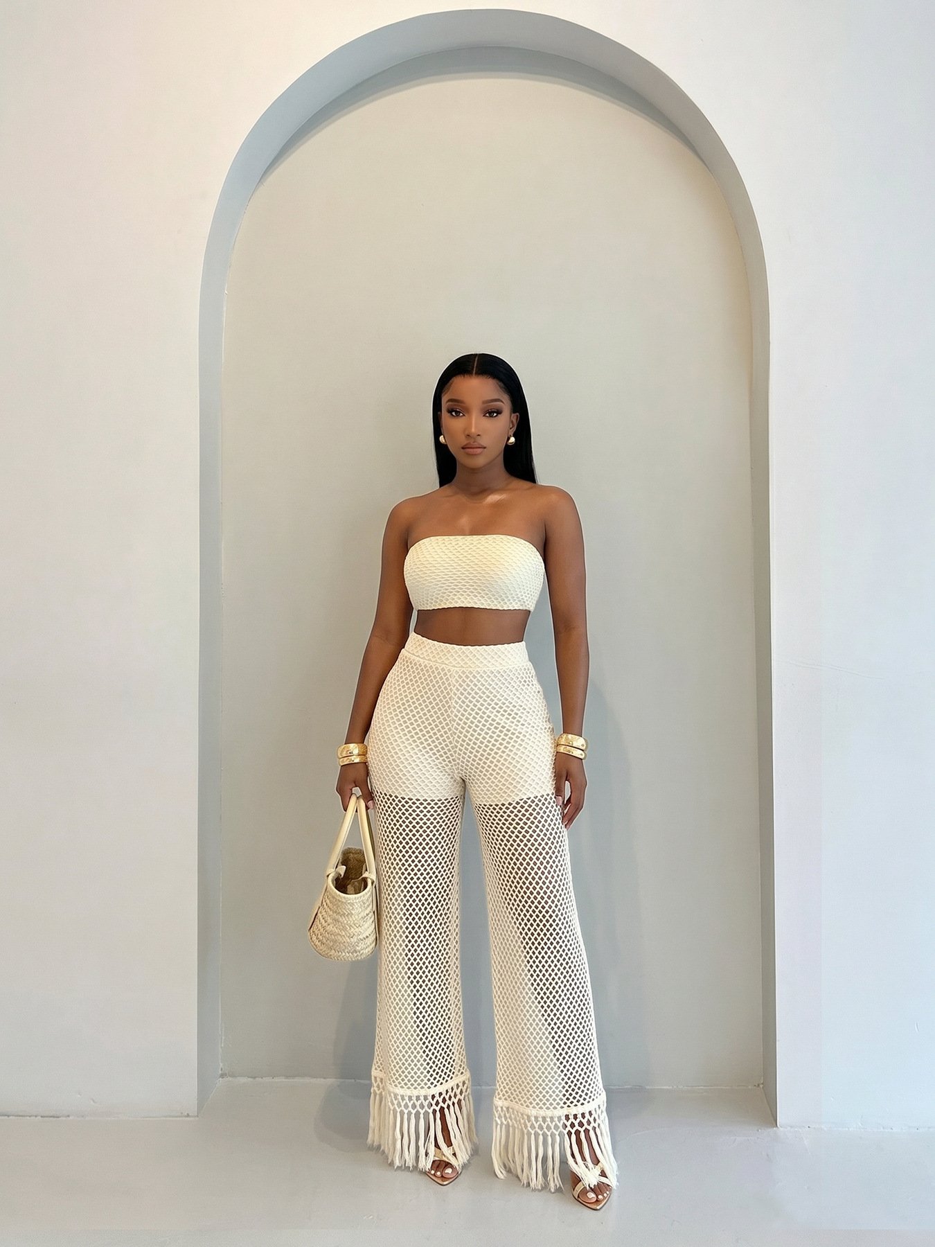 Womens Fashionable See-Through Hollowed-Out Tassel Pants And Knitted Tube Top Set - Image 6