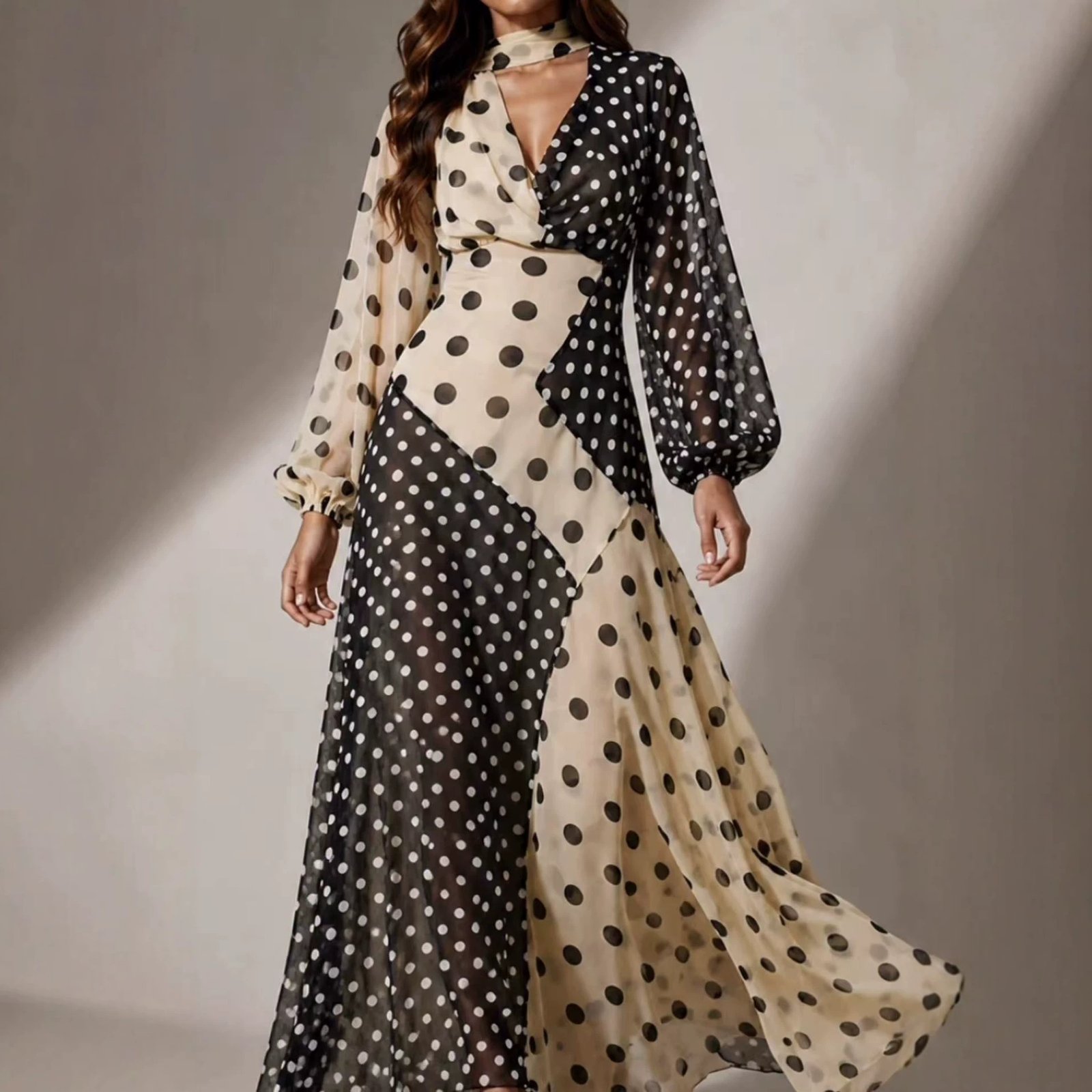 High-waisted Off-shoulder Figure-hugging Sexy Patchwork Polka-dot Dress