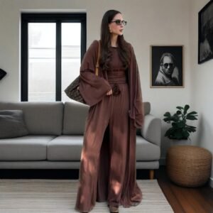 Womens Crew-neck Long-sleeve Top And Wide-leg Pants Set