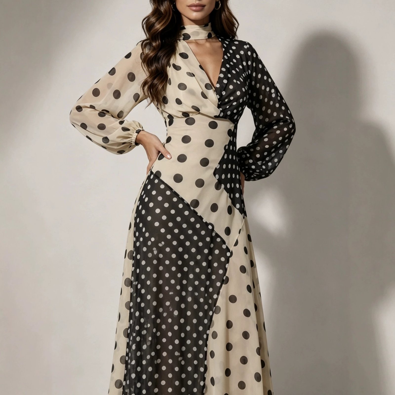 High-waisted Off-shoulder Figure-hugging Sexy Patchwork Polka-dot Dress - Image 2