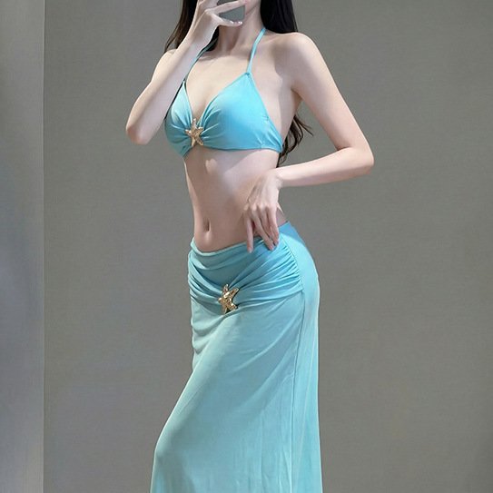 Sexy Mesh Long Dress Blue Resort And Hot Spring Swimsuit - Image 3