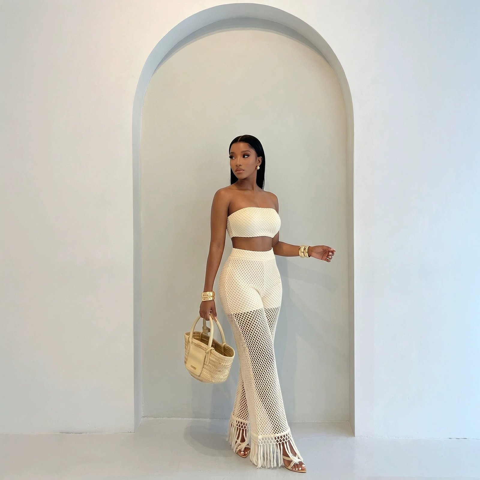 Womens Fashionable See-Through Hollowed-Out Tassel Pants And Knitted Tube Top Set - Image 4