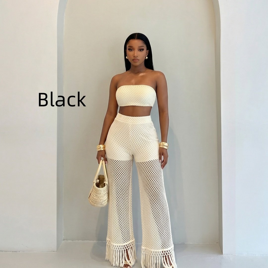 Womens Fashionable See-Through Hollowed-Out Tassel Pants And Knitted Tube Top Set - Image 7