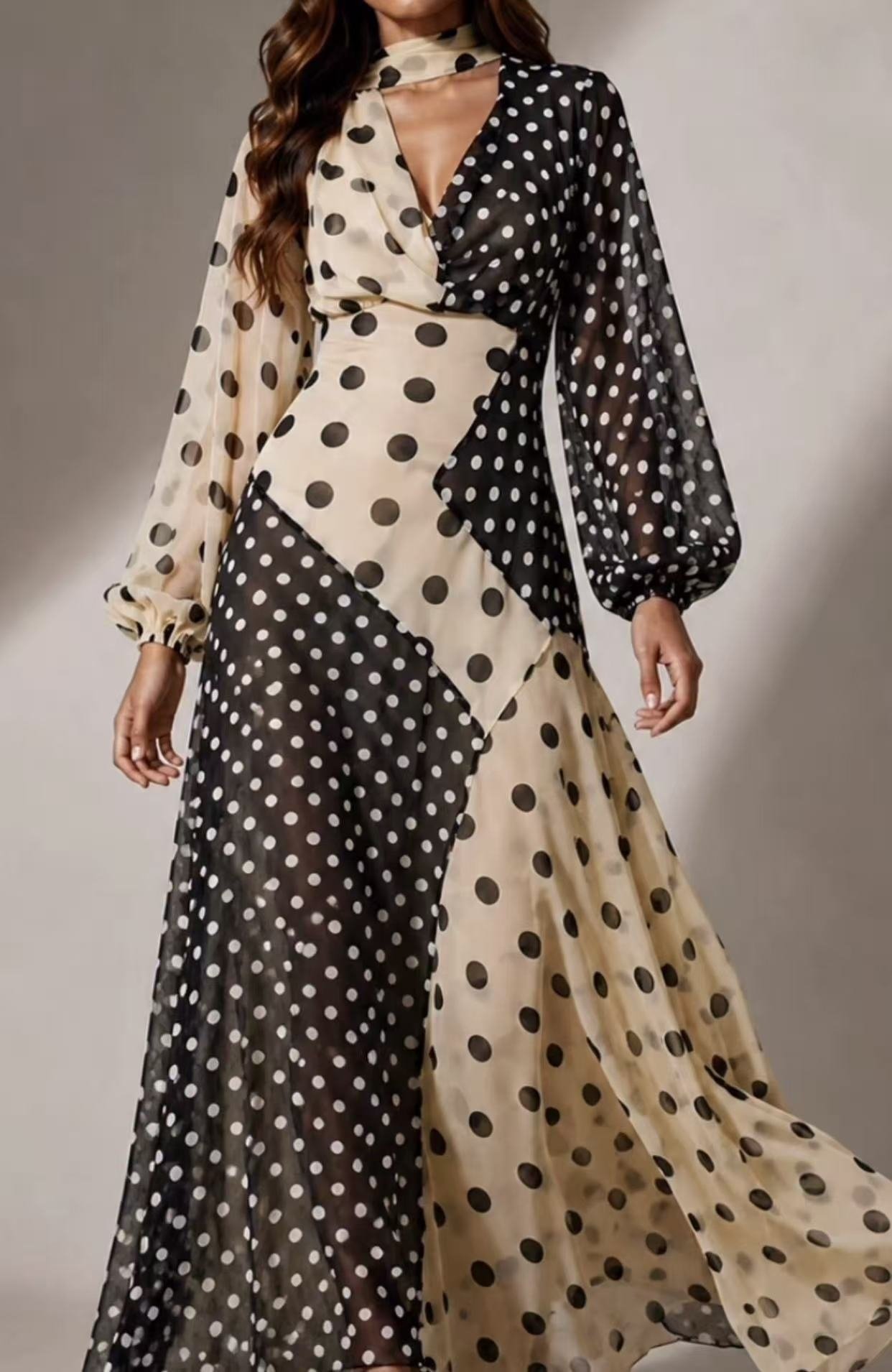 High-waisted Off-shoulder Figure-hugging Sexy Patchwork Polka-dot Dress - Image 4